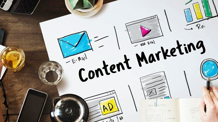 immagine di un cartellone contenente la scritta "Content marketing" al centro, circondata da grafici, schemi, mail, con una persona appoggiata sul cartellone, col caffè affianco