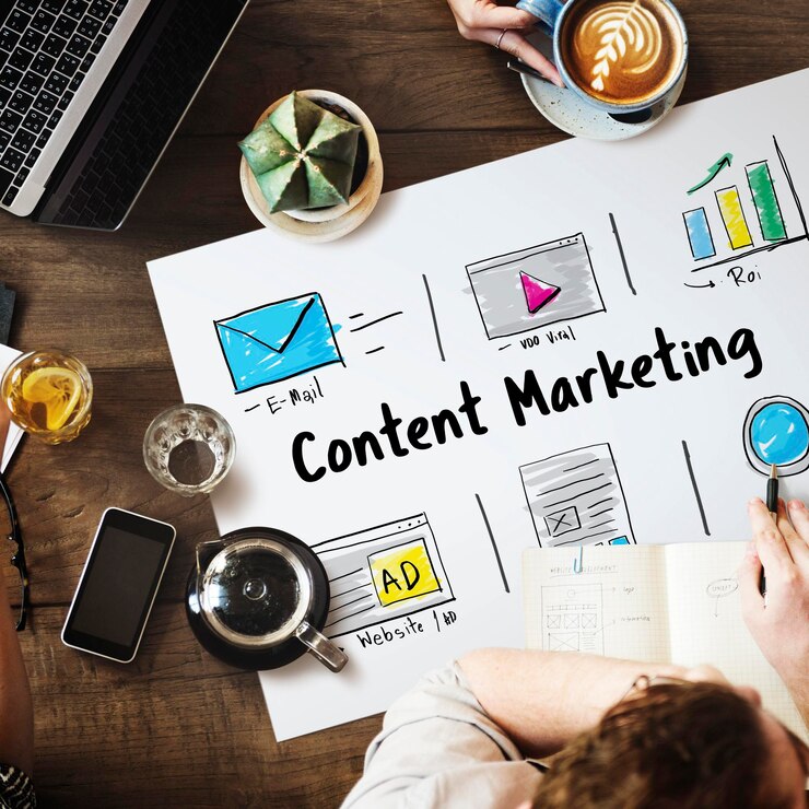 immagine di un cartellone contenente la scritta "Content marketing" al centro, circondata da grafici, schemi, mail, con una persona appoggiata sul cartellone, col caffè affianco