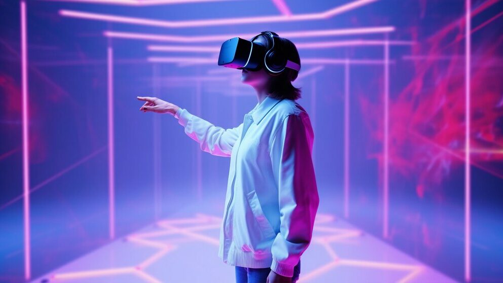 ragazza con il visore per la realtà virtuale in una stanza neon